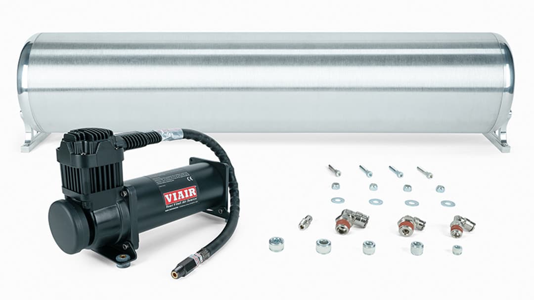 28" FLO Tank w/ Viair 444c black Compressor, 1/4" & 3/8" fittings and tank mounting hardware - 27769