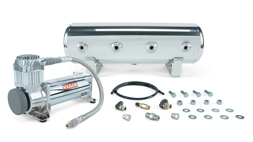2.5 Gal. Polished Tank w/ Viair 444c chrome compressor, 1/4" & 3/8" fittings & tank mounting hardware - 27801