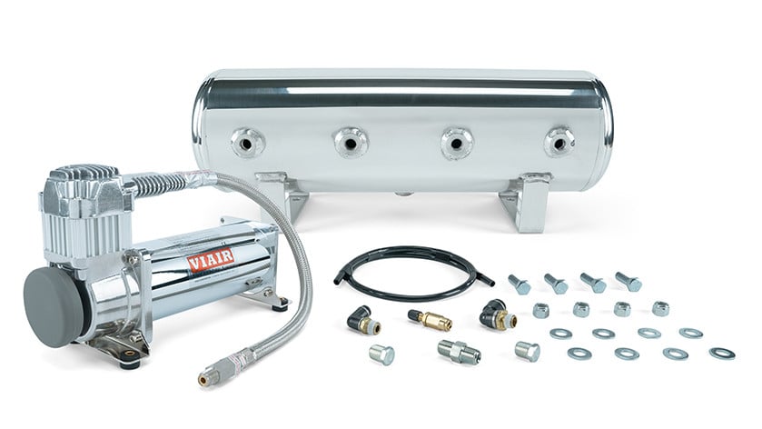 2.5 Gal. Polished Tank w/ Viair 444c chrome compressor, 1/4" & 3/8" fittings & tank mounting hardware - 27801