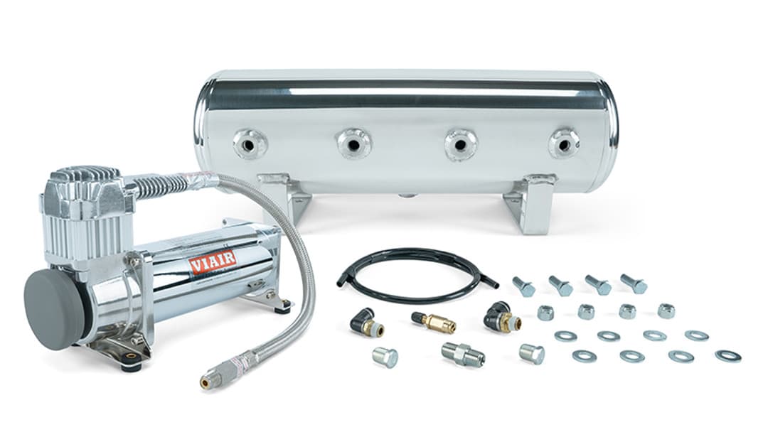 2.5 Gal. Polished Tank w/ Viair 444c chrome compressor, 1/4" & 3/8" fittings & tank mounting hardware - 27801