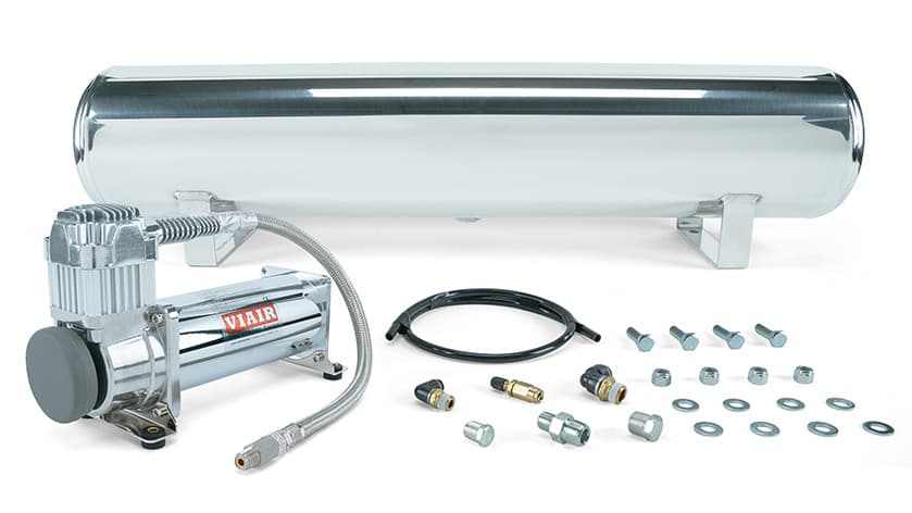4 Gal. Polished Tank w/ Viair 444c chrome compressor, 1/4" & 3/8" fittings & tank mounting hardware - 27802