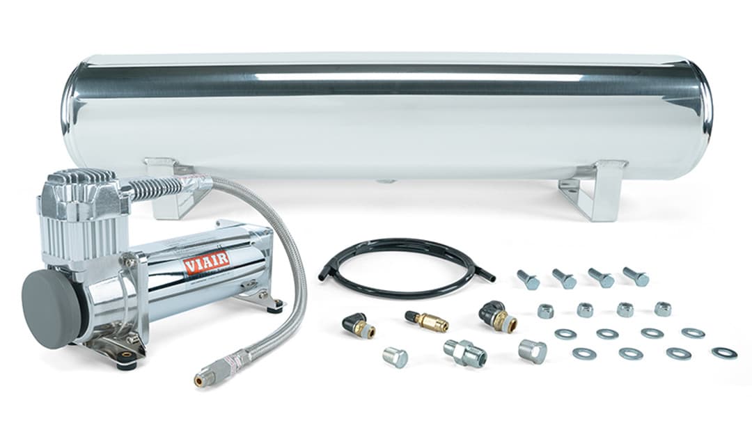 4 Gal. Polished Tank w/ Viair 444c chrome compressor, 1/4" & 3/8" fittings & tank mounting hardware - 27802