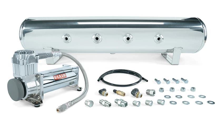 4 Gal. 7-Port Polished Tank w/ Viair 444c chrome compressor, 1/4" & 3/8" fittings & tank mounting hardware - 27803