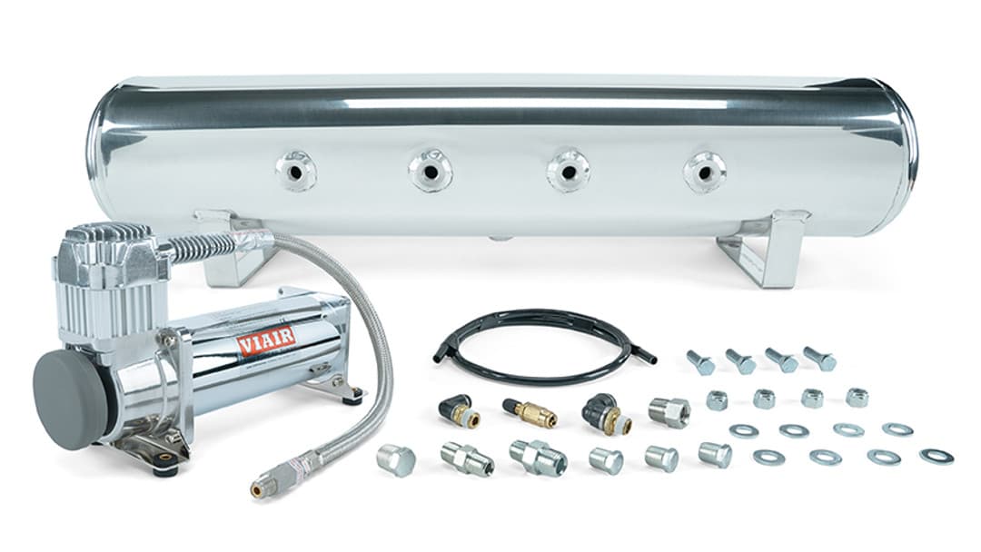 4 Gal. 7-Port Polished Tank w/ Viair 444c chrome compressor, 1/4" & 3/8" fittings & tank mounting hardware - 27803