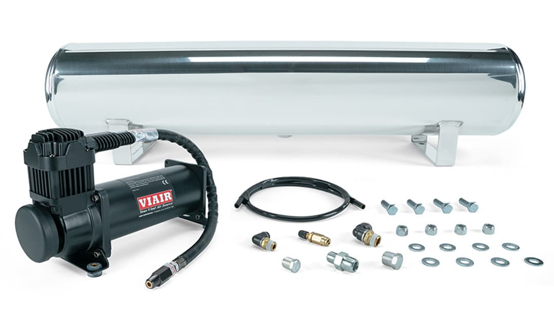 4 Gal. Polished Tank w/ Viair 444c black compressor, 1/4" & 3/8" fittings & tank mounting hardware - 27806