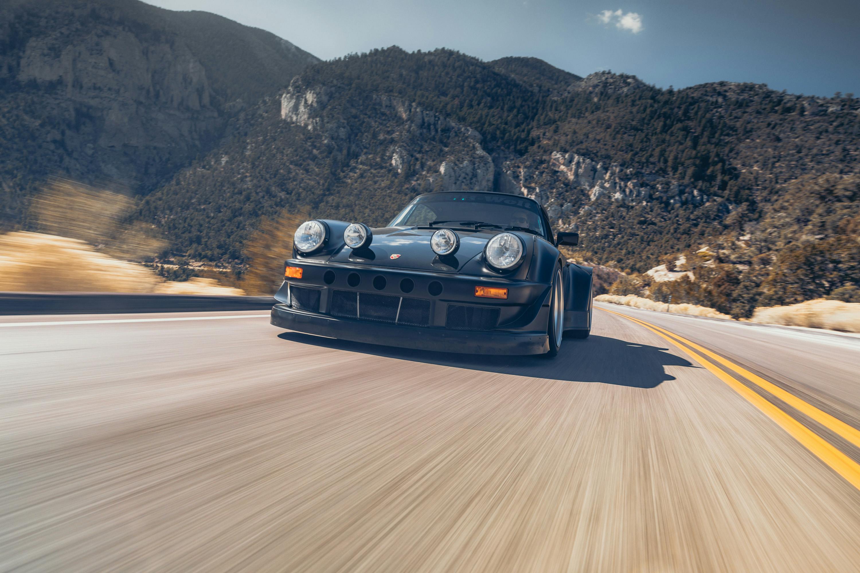 Front end shot of the Need for Speed Porsche 964 in the canyons of Nevada